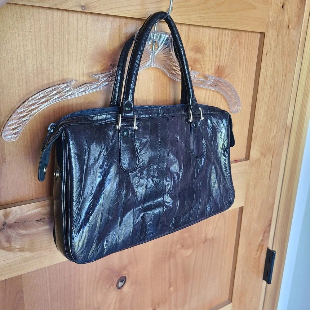 Vintage Navy Blue Eel Skin Leather Satchel Handbag Quiet Luxury Old Money Office